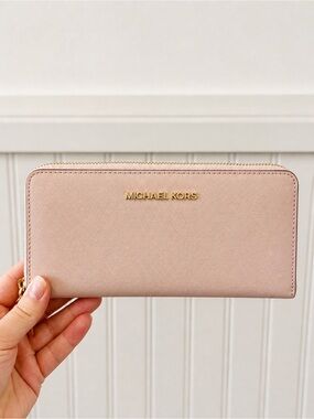 Michael Kors Soft Pink Saffiano Zip Wallet with Gold Logo